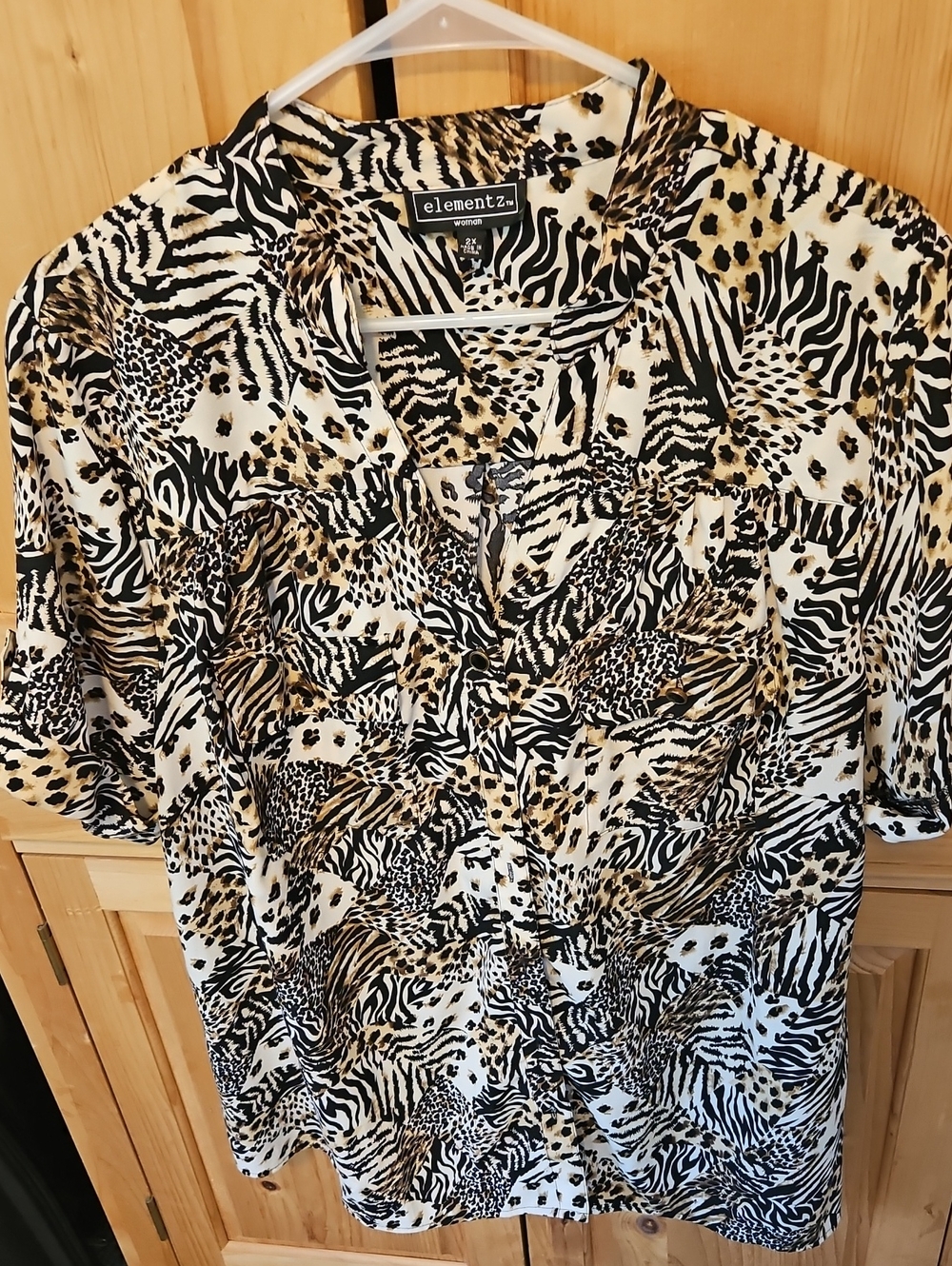 Elementz Mixed Animal-Print Button-Up Top in Black, Tan